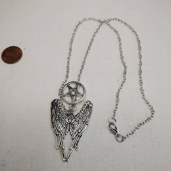 Jewelry - Silver Tone Pentagram Angel Wing Necklace 20"